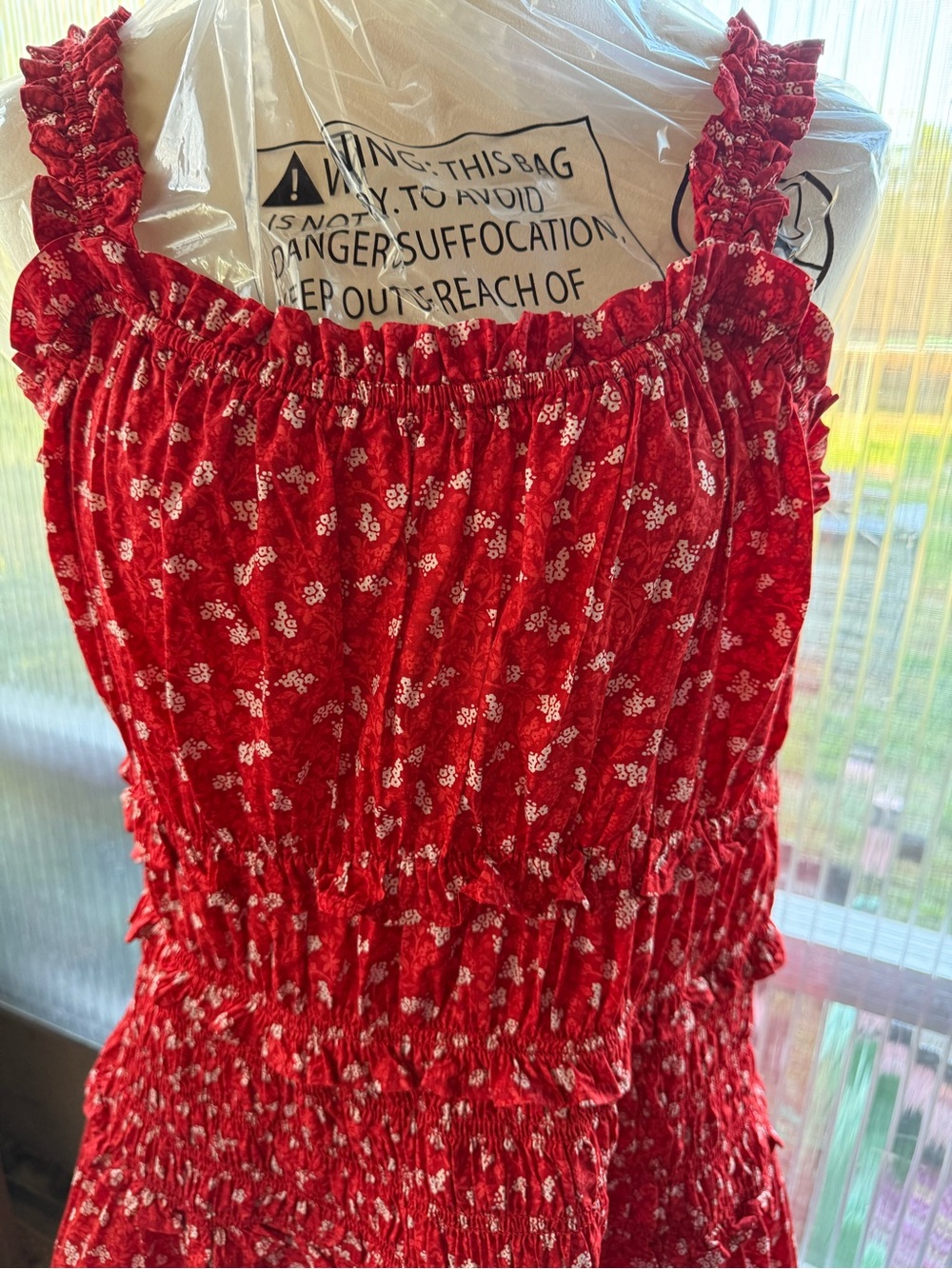 Time and Tru Red Floral Smocked Midi Dress with Ruffle Straps